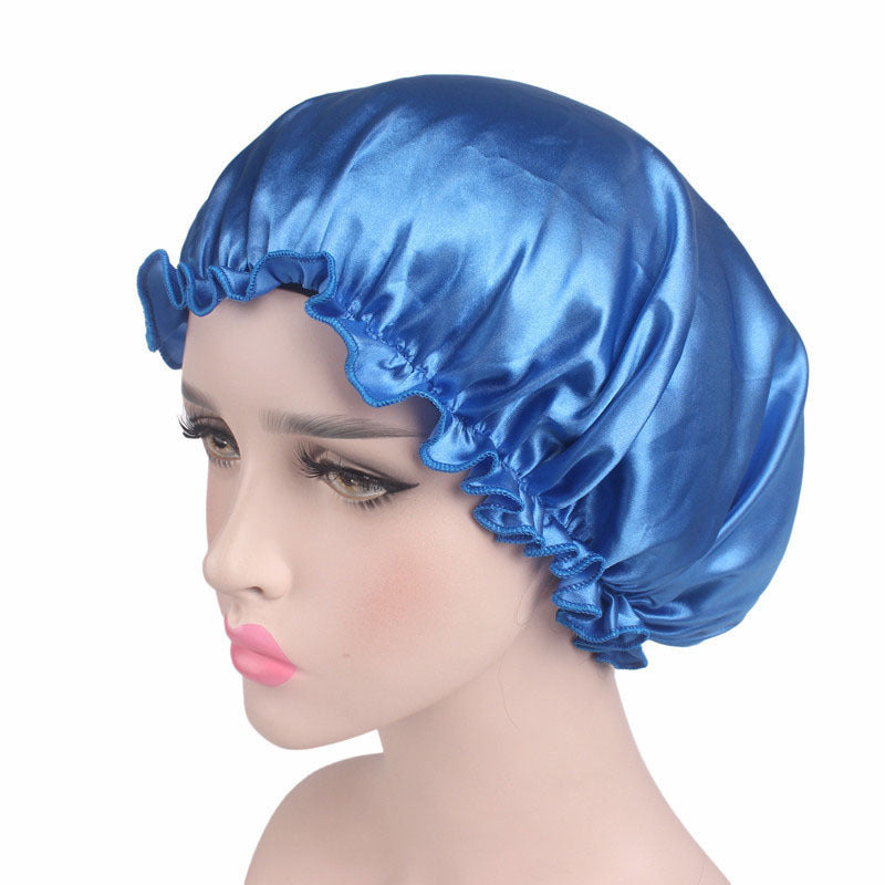 Manufacturer Bath Accessories Dual Layer PE Fabric Inner Women Bath Cap Satin Reusable Custom Waterproof Shower Cap with Elastic