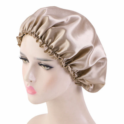 Manufacturer Bath Accessories Dual Layer PE Fabric Inner Women Bath Cap Satin Reusable Custom Waterproof Shower Cap with Elastic