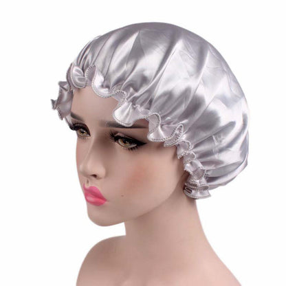 Manufacturer Bath Accessories Dual Layer PE Fabric Inner Women Bath Cap Satin Reusable Custom Waterproof Shower Cap with Elastic