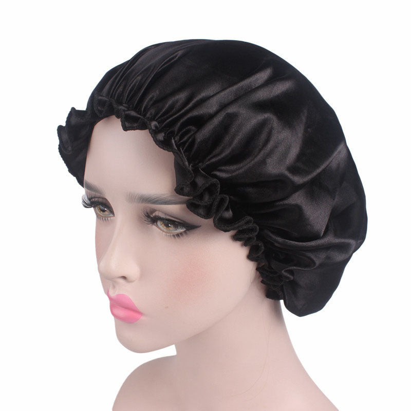 Manufacturer Bath Accessories Dual Layer PE Fabric Inner Women Bath Cap Satin Reusable Custom Waterproof Shower Cap with Elastic