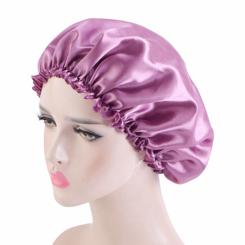 Manufacturer Bath Accessories Dual Layer PE Fabric Inner Women Bath Cap Satin Reusable Custom Waterproof Shower Cap with Elastic