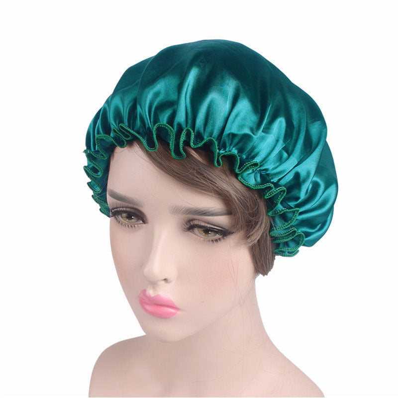 Manufacturer Bath Accessories Dual Layer PE Fabric Inner Women Bath Cap Satin Reusable Custom Waterproof Shower Cap with Elastic