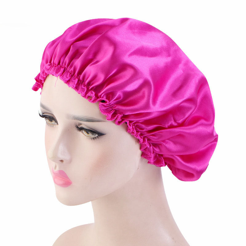 Manufacturer Bath Accessories Dual Layer PE Fabric Inner Women Bath Cap Satin Reusable Custom Waterproof Shower Cap with Elastic