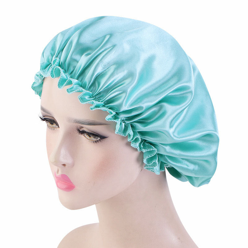 Manufacturer Bath Accessories Dual Layer PE Fabric Inner Women Bath Cap Satin Reusable Custom Waterproof Shower Cap with Elastic