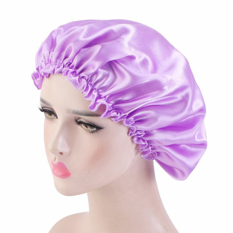 Manufacturer Bath Accessories Dual Layer PE Fabric Inner Women Bath Cap Satin Reusable Custom Waterproof Shower Cap with Elastic