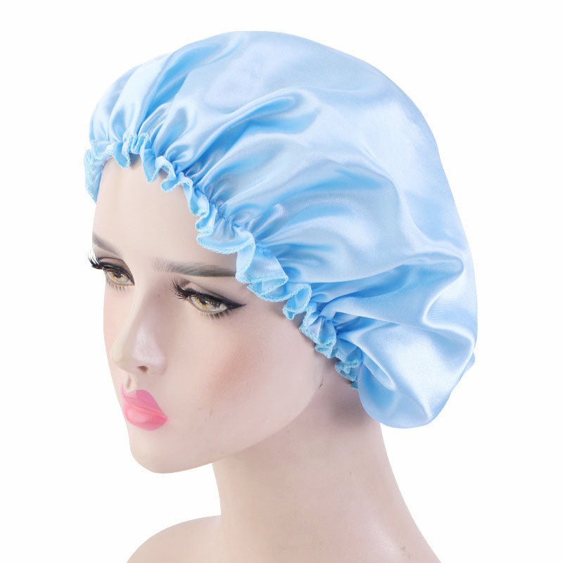 Manufacturer Bath Accessories Dual Layer PE Fabric Inner Women Bath Cap Satin Reusable Custom Waterproof Shower Cap with Elastic