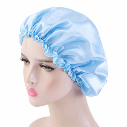 Manufacturer Bath Accessories Dual Layer PE Fabric Inner Women Bath Cap Satin Reusable Custom Waterproof Shower Cap with Elastic