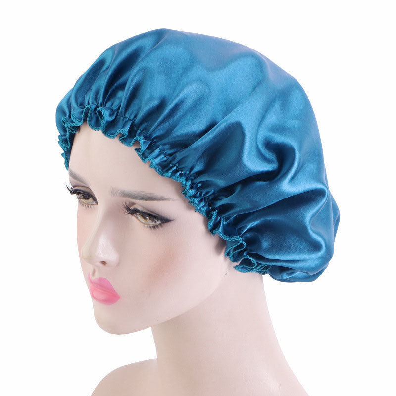 Manufacturer Bath Accessories Dual Layer PE Fabric Inner Women Bath Cap Satin Reusable Custom Waterproof Shower Cap with Elastic