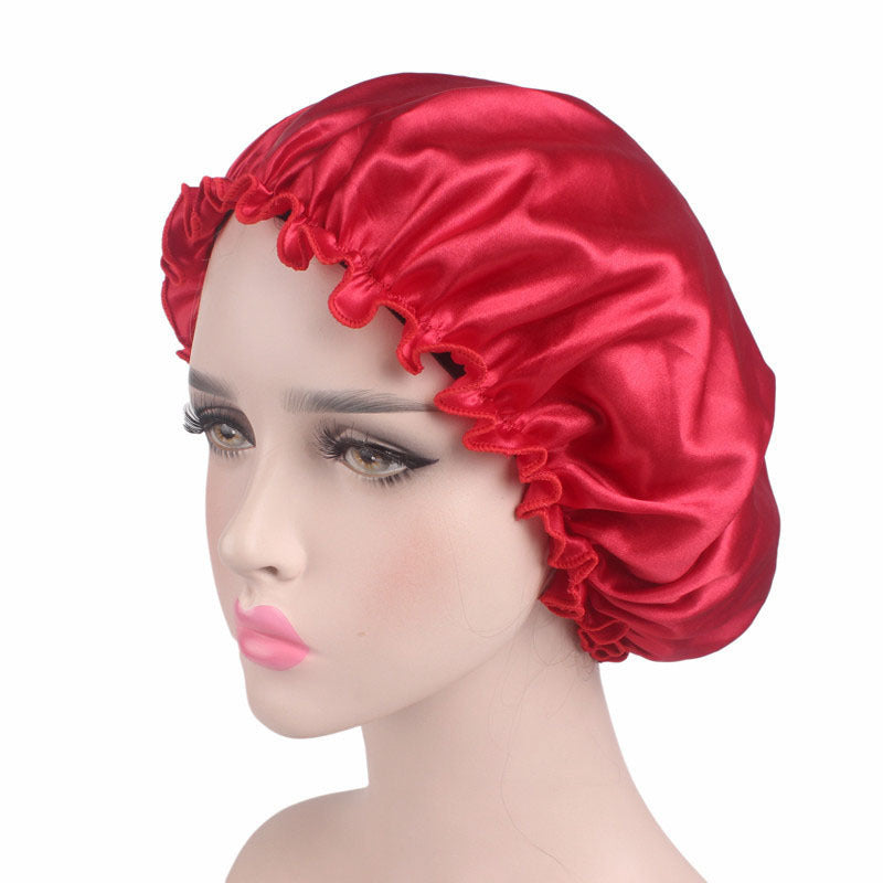 Manufacturer Bath Accessories Dual Layer PE Fabric Inner Women Bath Cap Satin Reusable Custom Waterproof Shower Cap with Elastic