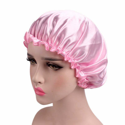 Manufacturer Bath Accessories Dual Layer PE Fabric Inner Women Bath Cap Satin Reusable Custom Waterproof Shower Cap with Elastic